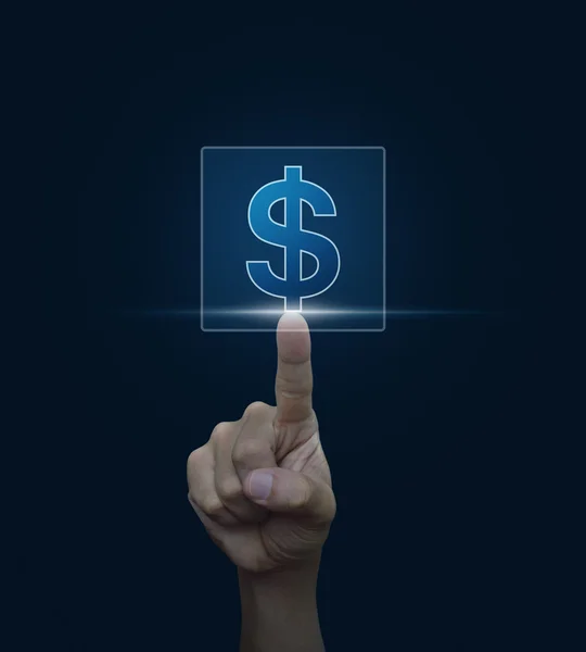 Hand trycka knappen med dollar valuta ikon över blå ba — Stockfoto