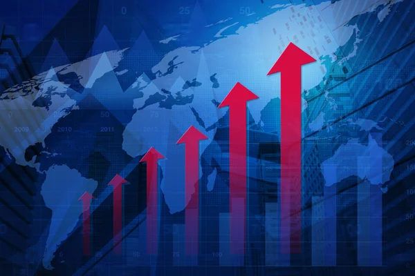 Punta de flecha roja con gráfico financiero y mapa en el fondo de la ciudad , — Foto de Stock