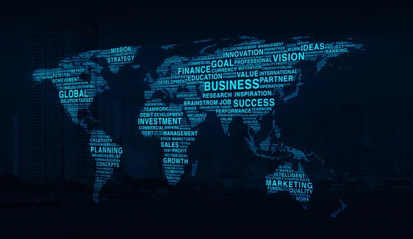 都市タワー背景、ビジネスにビジネスの言葉世界地図図形 — ストック写真