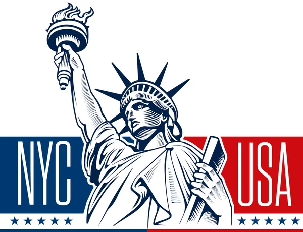 リバティー、ニューヨーク、アメリカ合衆国のシンボル、フラグの像 — ストックベクタ