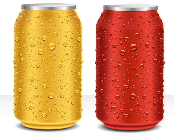 Aluminum Cans in red and gold with fresh water drops — Stock Vector