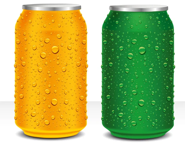 Boîtes en aluminium orange et vert avec gouttes d'eau douce — Image vectorielle