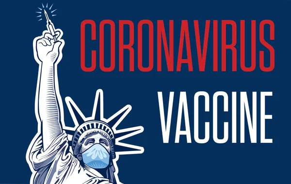 コロナウイルスのワクチンを手に持つ自由の女神像 Covid 19のコンセプトのワクチン — ストックベクタ