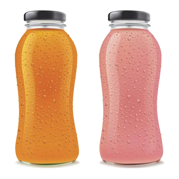 Juice Bottles Met Veel Verse Ijsdruppels Geïsoleerd Wit — Stockvector