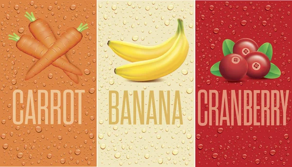 Getränke Und Saft Hintergrund Mit Tropfen Und Karotten Bananen Preiselbeeren — Stockvektor