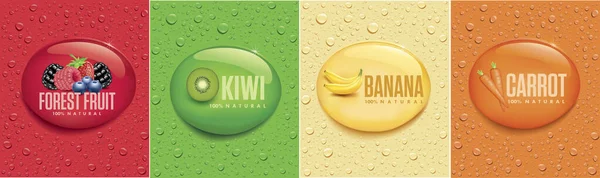 Veel Verse Druppels Verschillende Kleuren Achtergronden Met Bosvruchten Kiwi Banaan — Stockvector