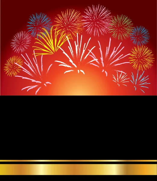 Red background with different color of fireworks — Stock Vector