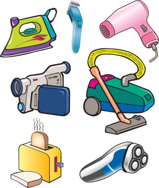 Demir, süpürge, saç kurutma makinesi, video kamera, tıraş makinesi, ekmek kızartma makinesi ev işi karikatürler