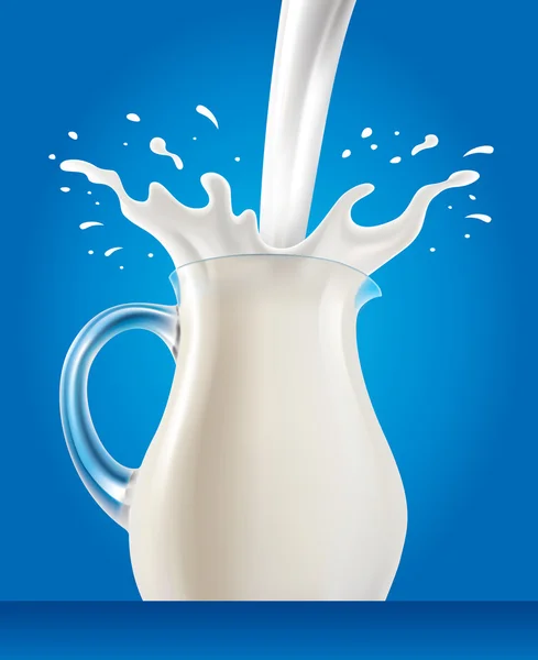 Verse melk in kruik met splash op blauwe achtergrond — Stockvector