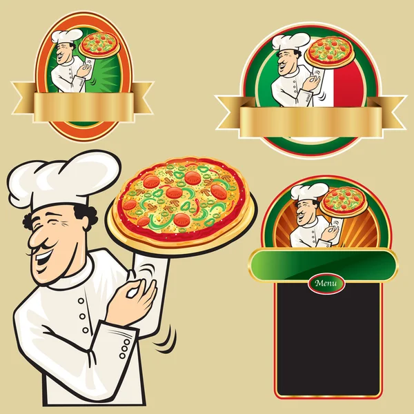 Chef-kok met Cook hete pizza. — Stockvector