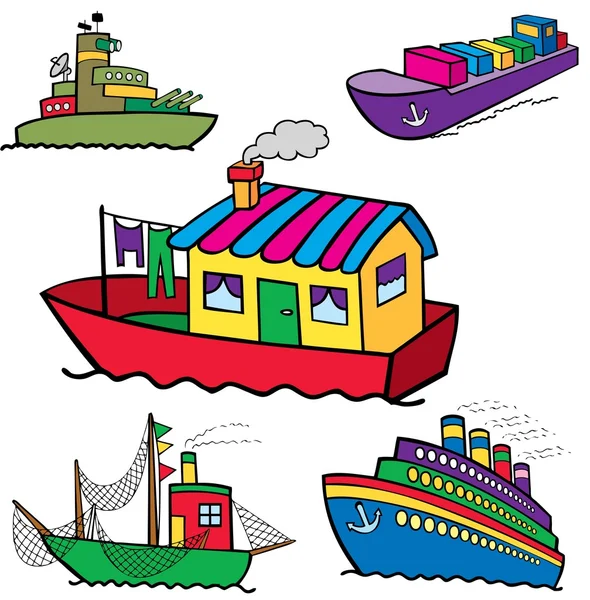 Conjunto de vetores coloridos navios de transporte marítimo desenhos animados — Vetor de Stock