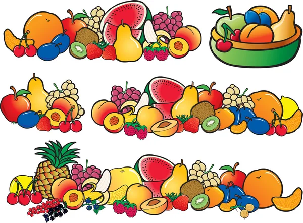 Grupo de frutas frescas con manzana, ciruela, melocotón, limón, naranja, fresa — Vector de stock