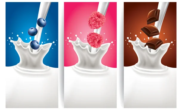 Milk splash with blueberry, raspberry, chocolate — Wektor stockowy