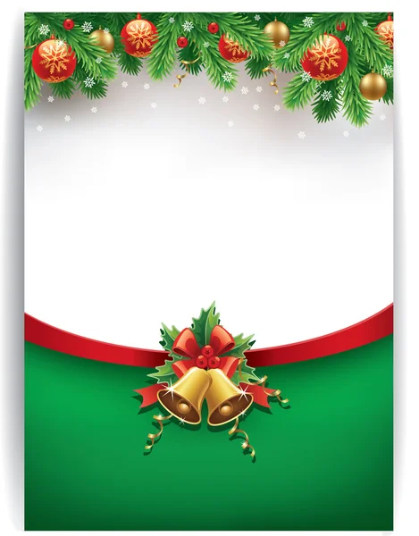 Feliz fondo de Navidad con bolas de Navidad, campanas, cintas — Vector de stock