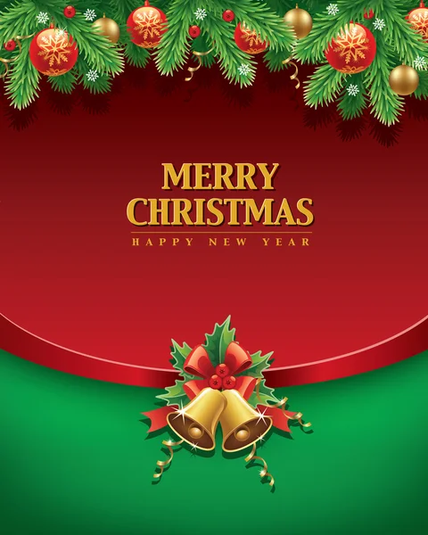 Glædelig jul baggrund med chrismas bolde, klokker, bånd – Stock-vektor