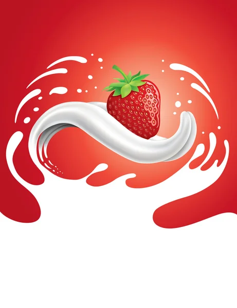 Milk splash with fresh strawberry lying on milk tongue — Stock Vector
