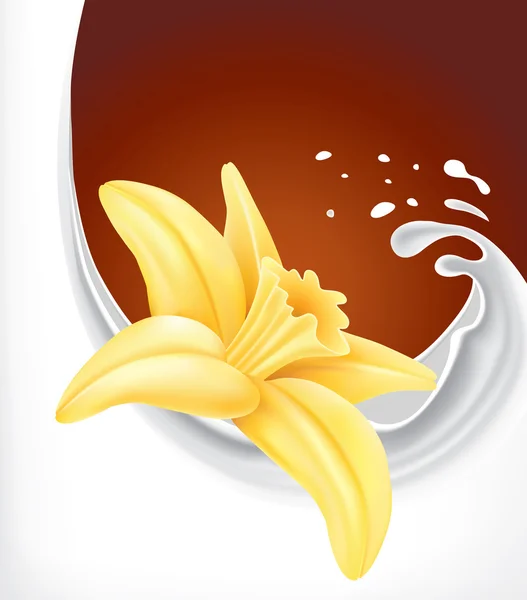 Salpicadura de leche con flor de vainilla sobre fondo marrón — Vector de stock