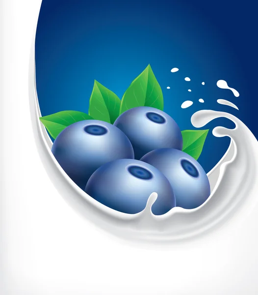在蓝色背景上的蓝色浆果与牛奶飞溅 — 图库矢量图片