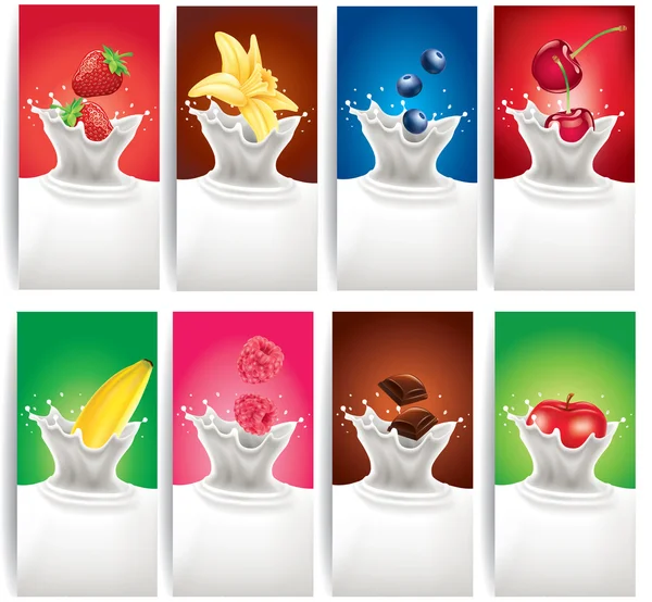 Milk splash with strawberry, raspberry, blueberry, vanilla flower, chocolate, cherry, apple — Stock Vector