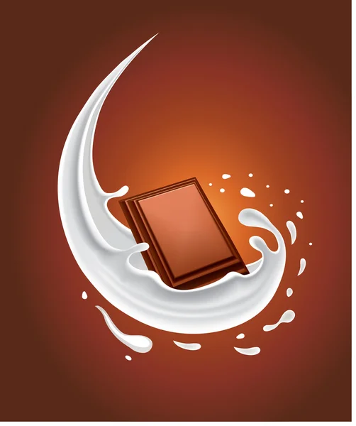 Melk plons met stuk van chocolade — Stockvector