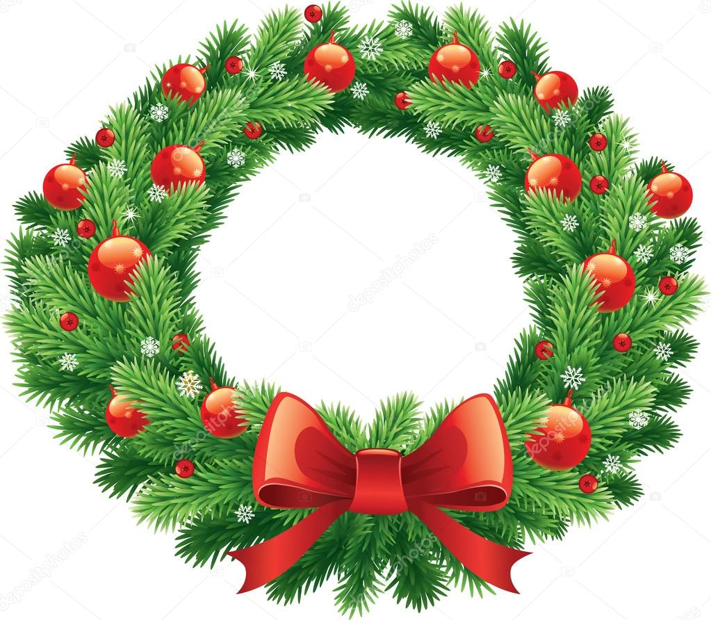 christmas wreath with red balls and ribbon