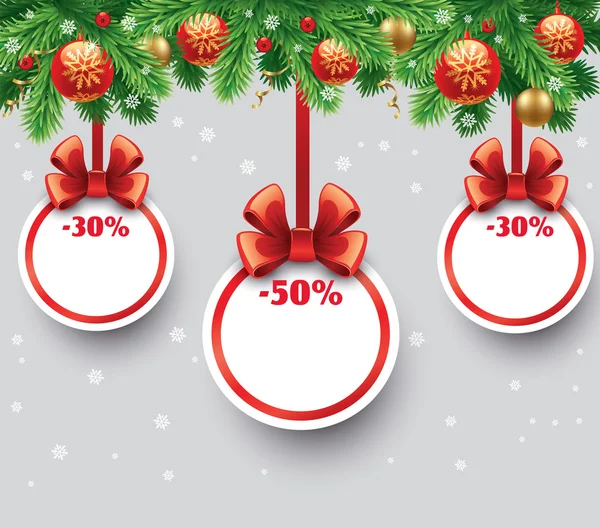Χριστούγεννα πώληση Ετικέτες με κορδέλα και σατέν φιόγκο. Vector εικονογράφηση. — Διανυσματικό Αρχείο