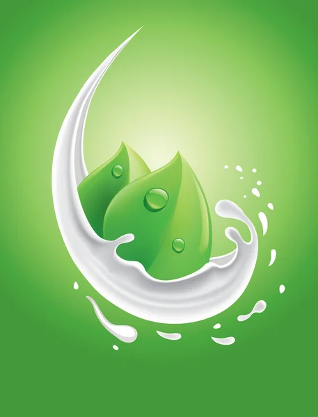 Natural milk splash with fresh green leaves — Stock Vector