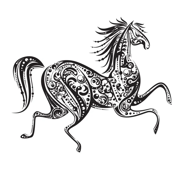 黒 ornated 花要素によって作られた馬を実行 — ストックベクタ