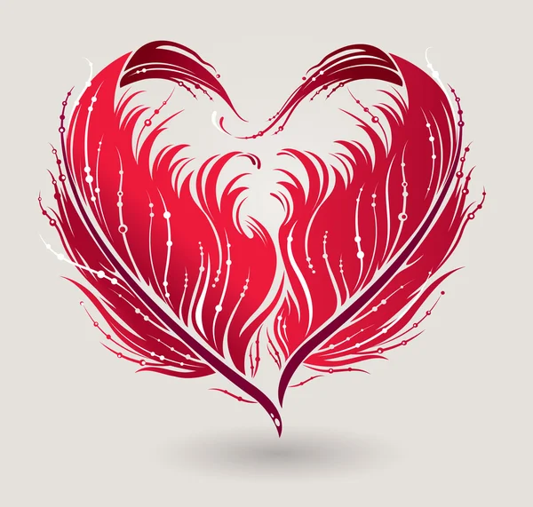 Greeting card with red heart made by feathers in vector. — Stock Vector