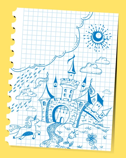 Paisagem de tinta de doodle desenhada à mão com castelo na folha de papel . —  Vetores de Stock