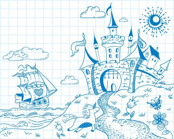 Paisagem de tinta de doodle desenhada à mão com castelo e navio . —  Vetores de Stock