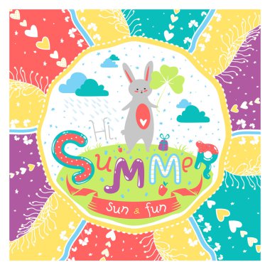 Sevimli yaz tebrik kartı tavşanlı