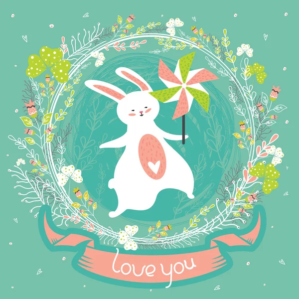 Jolie carte de vœux d'été avec lapin et roue à pinces — Image vectorielle