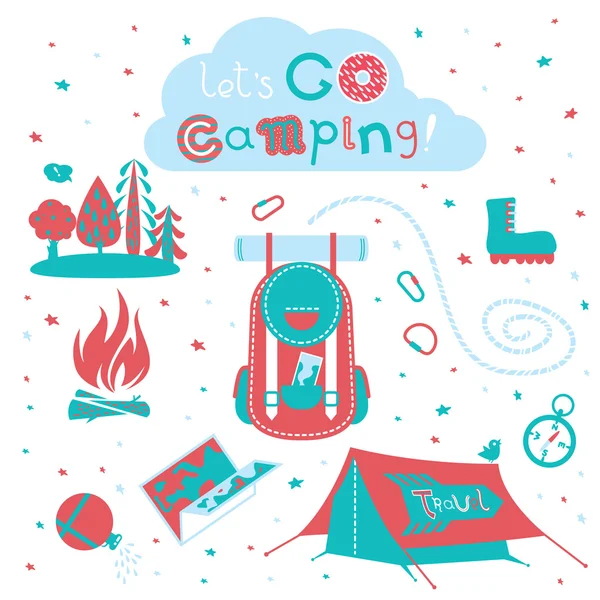 Lindo conjunto de dibujos animados equipos de camping símbolos e iconos — Vector de stock
