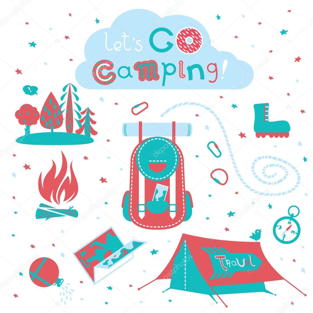 Cute set of cartoon camping equipment symbols and icons