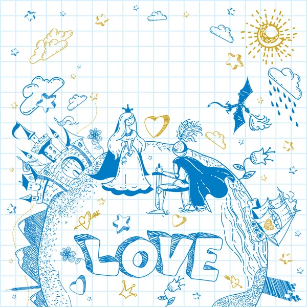 Prenses ve knight ile mürekkep çizgi film dünya küre doodle