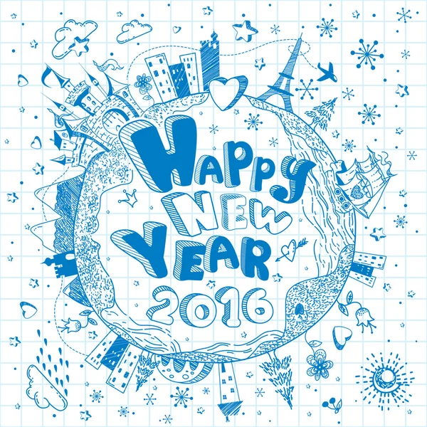 Bonne année 2016 fond doodle — Image vectorielle