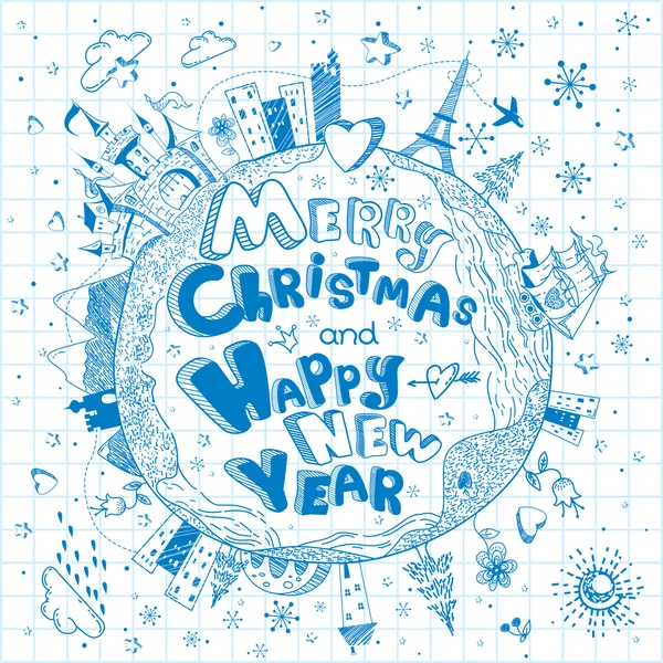 Happy New Year and Merry Christmas doodle background - Stok Vektor