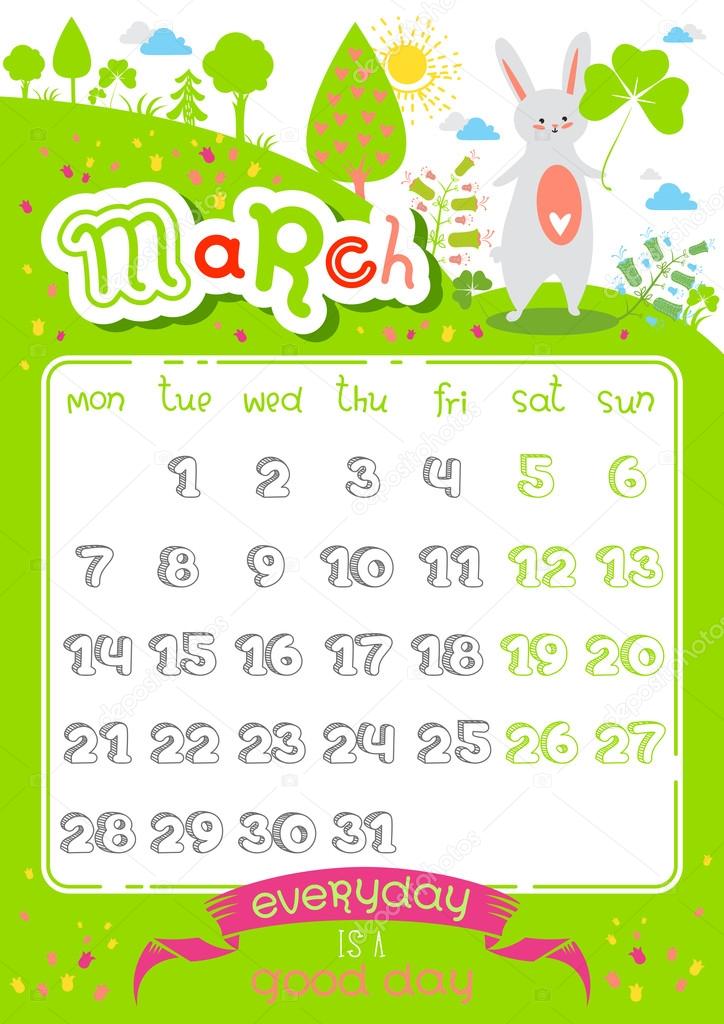 Calendar page, March 2016