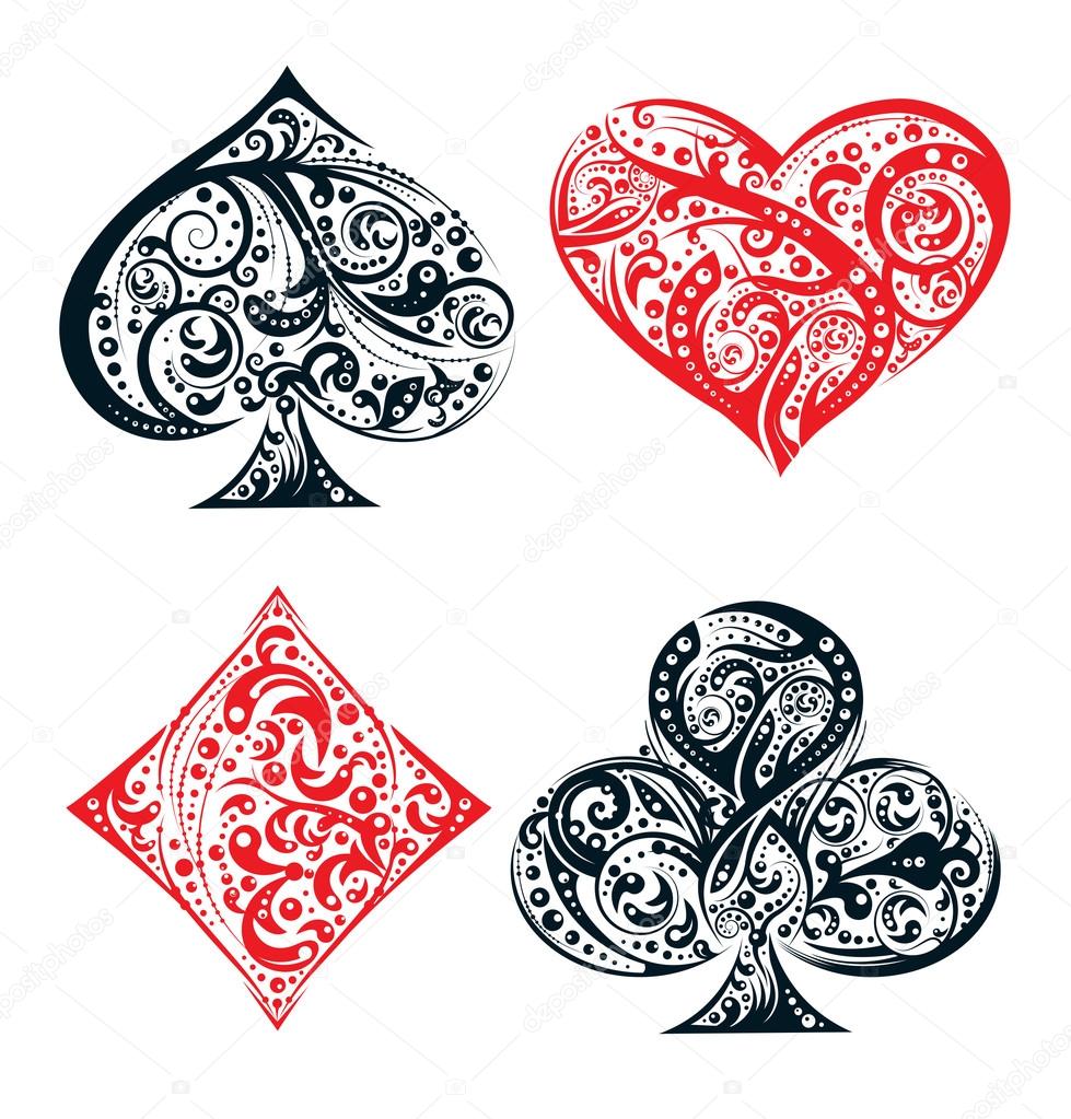 Set of four vector playing card suit symbols made by floral elements. Vintage stylized  illustration in black and red on white background. Works well as print, computer icon