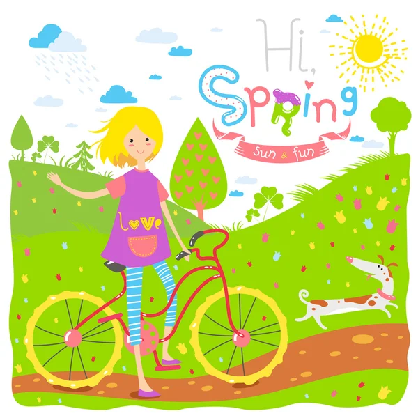 Cute seasonal banner with happy teenage girl with a bicycle and dog — Stock Vector
