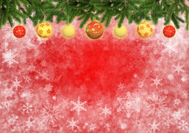 Kırmızı renk arka plan Noel ağacı dalları ile topları dekore edilmiştir.