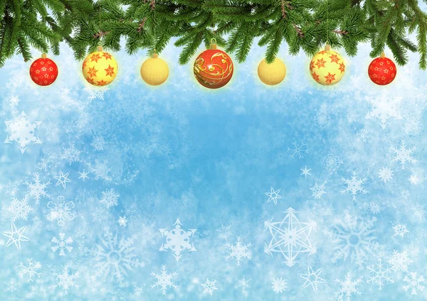 Kék szín a háttérben a karácsonyfa ágai díszített sárga és piros golyó — Stock Fotó