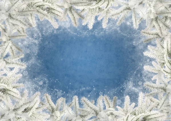 Рамка из еловых ветвей, покрытых инеем на синем фоне — стоковое фото