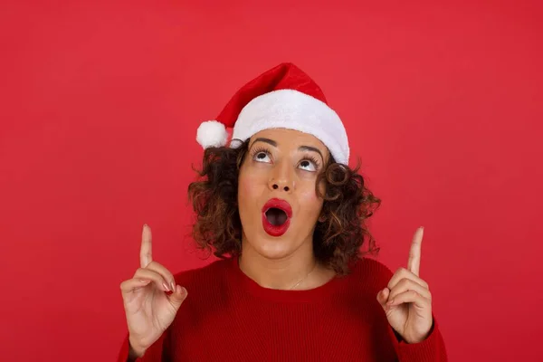 Portrait Beautiful Woman Wearing Christmas Hat Red Sweater Red Background — Stock Photo, Image