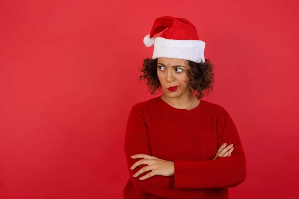 Closeup Portrait Displeased Pissed Angry Grumpy Pessimistic Woman Wearing Christmas — Stock fotografie