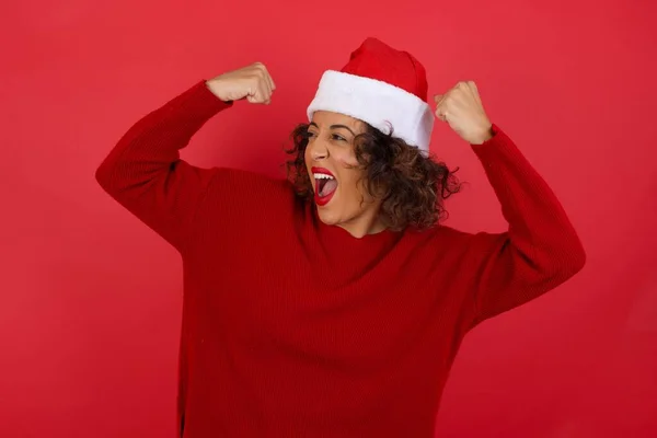 Portrait Charming Delighted Excited Caucasian Woman Wearing Christmas Hat Red — Stock Photo, Image