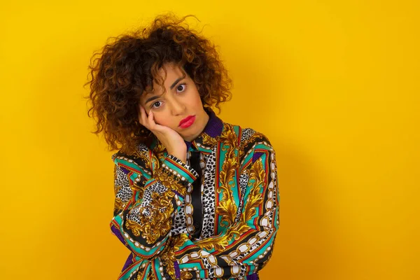 Gloomy Arab Woman Wearing Colorful Shirt Sighing Upset Stoop Look — Stock Photo, Image