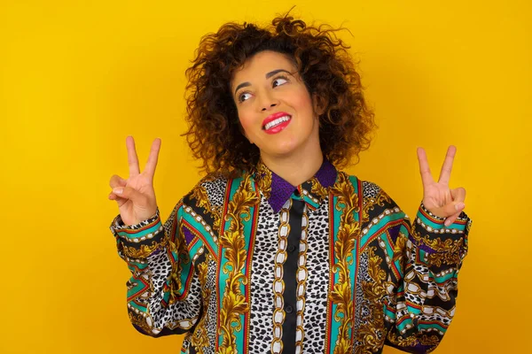 Isolated Shot Arab Woman Wearing Colorful Shirt Makes Peace Victory — Stock Photo, Image