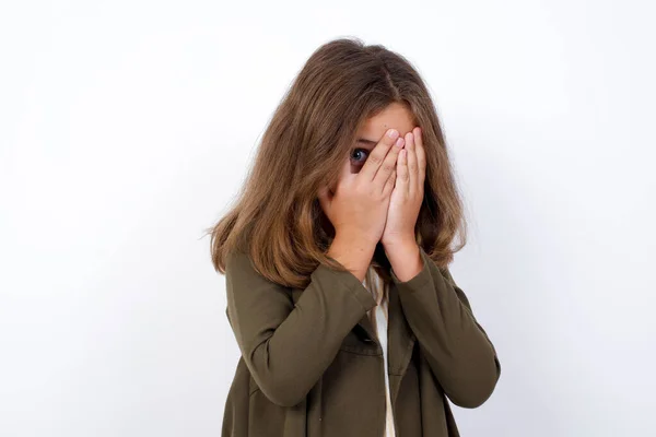 Young Beautiful Caucasian Little Girl Covering Face Hands White Background — Stock Photo, Image